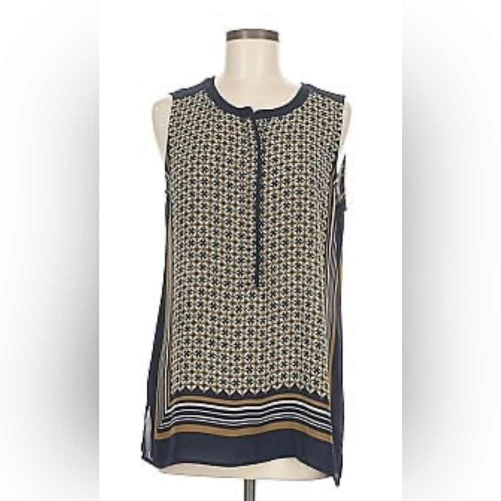 LOFT Navy and Cream Patterned Sleeveless Blouse